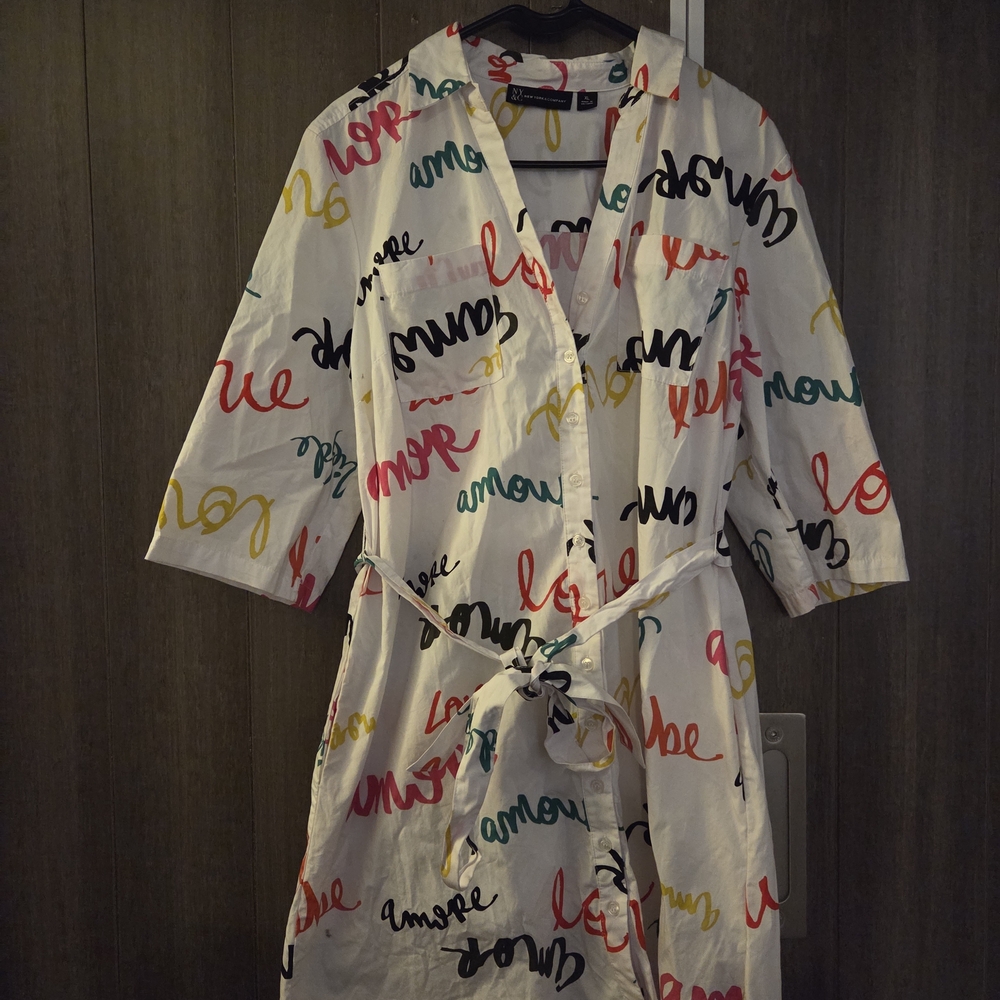NY&C New York & Company White Worde Shirt Dress With Belt